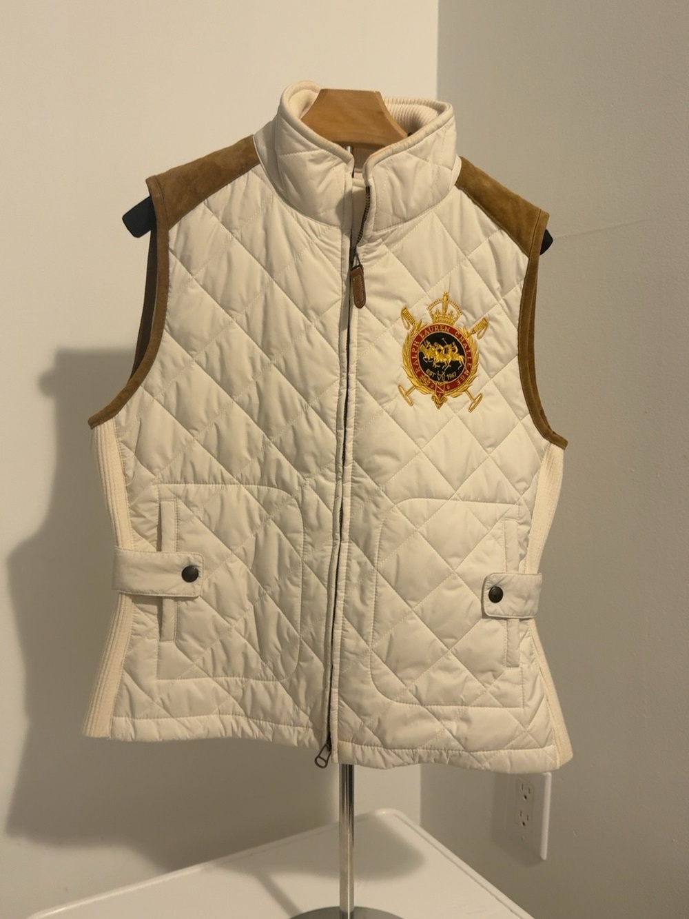 Ralph Lauren Cream Quilted Vest with Tan Shoulder Accents